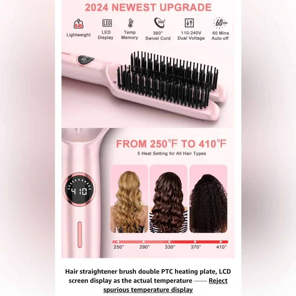 Ionic Hair Straightener Brush, Flat Iron 5 Temps, Ceramic Straightener Comb